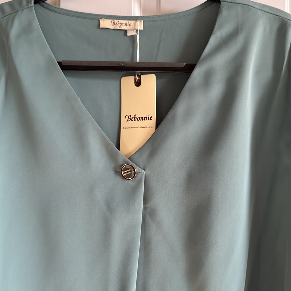 Homie Teal V-Neck Blouse with Sheer Dot Sleeves - Picture 2 of 5